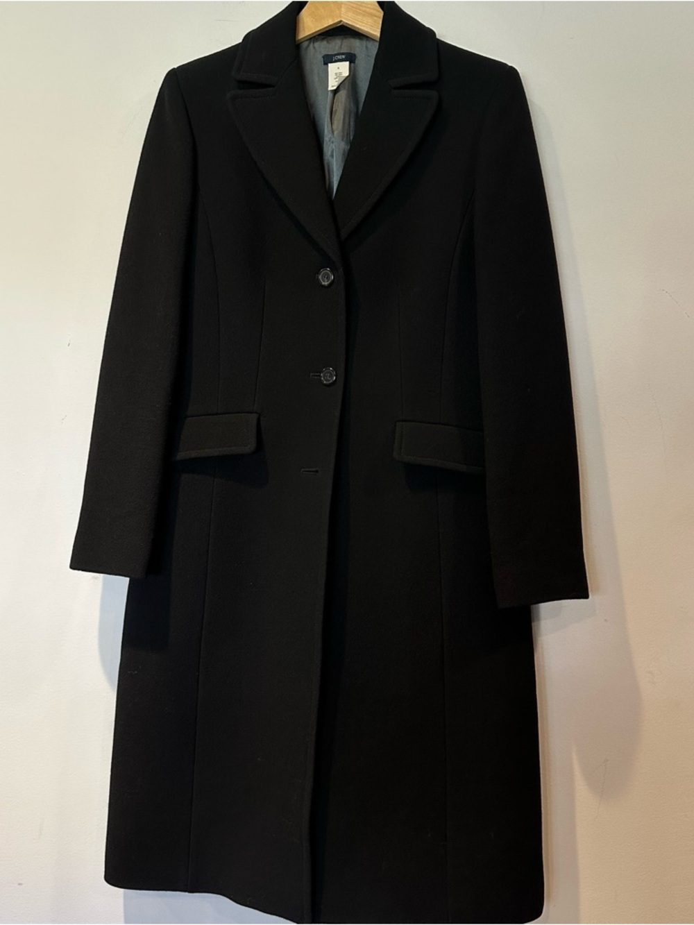 J. Crew Women's Classic Black Wool Blend Long Button front Coat